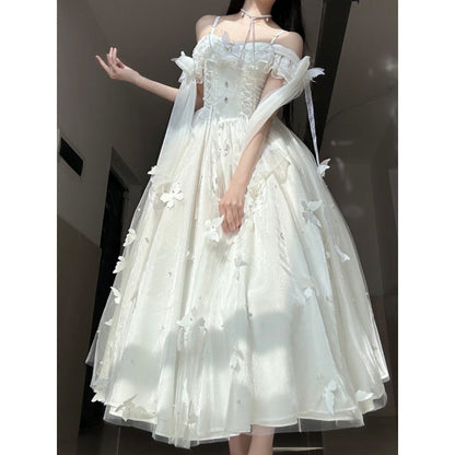 vmtvr dresses Evening Dress New White Summer Wind Chimes Spring and Summer White Moonlight Feeling Stairs Butterfly Theme Fairy Fairy Fairy Skirt