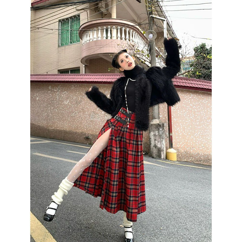 vmtvr 2000s fashion Retro Street Red Plaid Skirt Women's Spring and Summer New High Waist Straight Slimming Mid-Length Split Skirt Chic