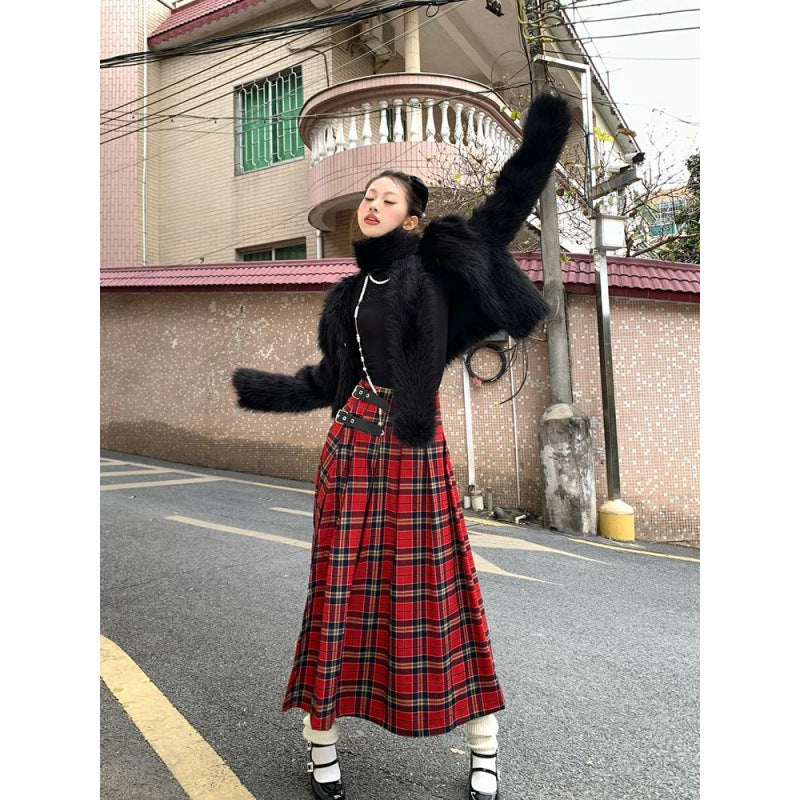 vmtvr 2000s fashion Retro Street Red Plaid Skirt Women's Spring and Summer New High Waist Straight Slimming Mid-Length Split Skirt Chic