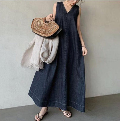 vmtvr - Literary Denim Tie Back V-Neck Long Dress