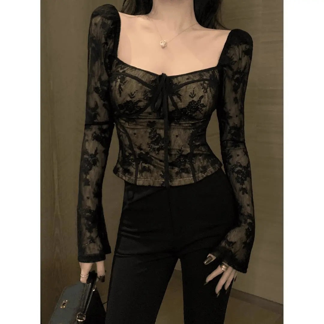 vmtvr avant garde dress to impress French Style Retro Square Collar Long-Sleeved Lace Shirt Women's Early Autumn Slim-Fit Slimming Hot Girl Top