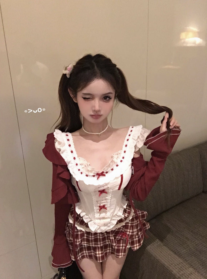 vmtvr harajuku fashion dress to impress Summer New Birthday Wear Suit Women's Cardigan Coat Vest Camisole Top Plaid Skirt Three-Piece Suit