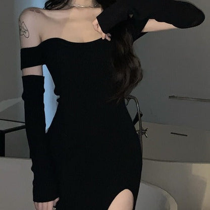 vmtvr dress to impress outfits Knitted Dress Women's Black off-Shoulder Oversleeve Bottoming Midi Dress Summer New Elegant Skirt