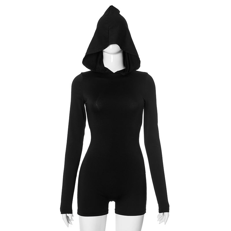 vmtvr pop culture dress to impress Women's Autumn New Sexy Hot Girl Backless Tight Long Sleeve Hooded Short Jumpsuit