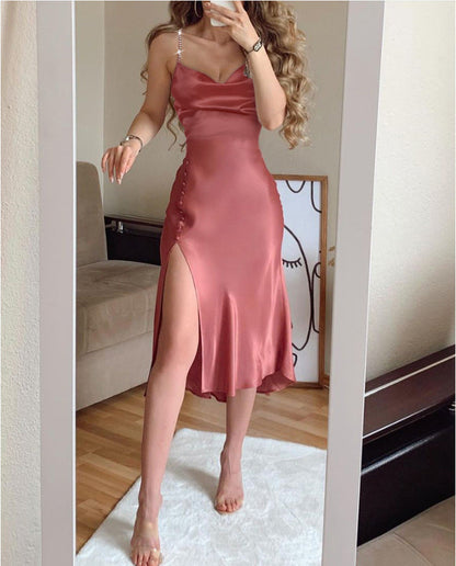 vmtvr hoco dresses Summer New A- line Dress Solid Color Chiffon Pearl Strap Dress Long Dress