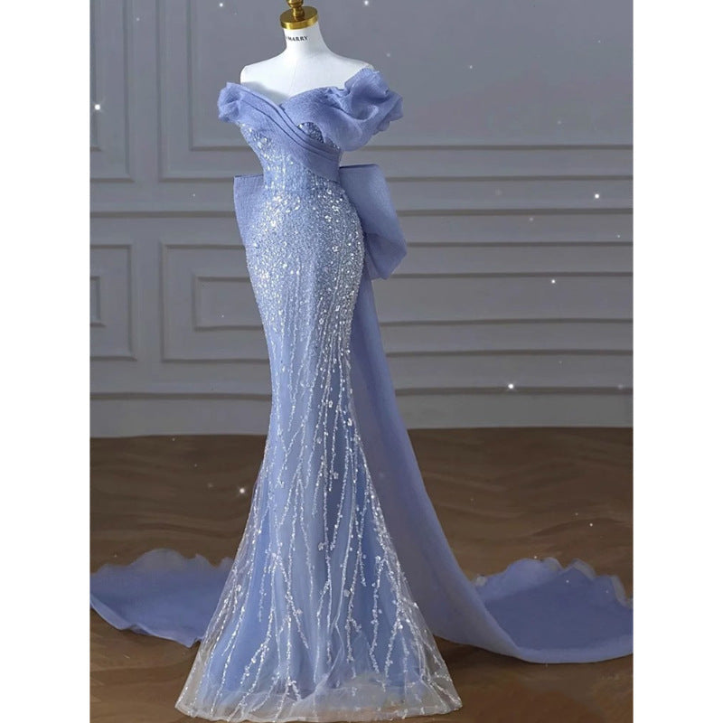 vmtvr dresses off-Shoulder Blue Evening Dress High-End Light Luxury Niche Fishtail Sequined Host High-Grade Trailing Vocal Music