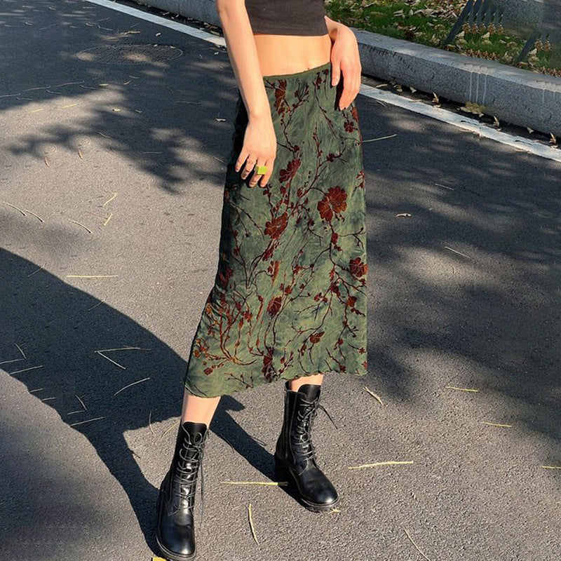 vmtvr grunge outfits American Retro Style Printed Ink Blooming High Waist Skirt Autumn and Winter Contrast Color Slim Fit Hot Girl Straight Dress