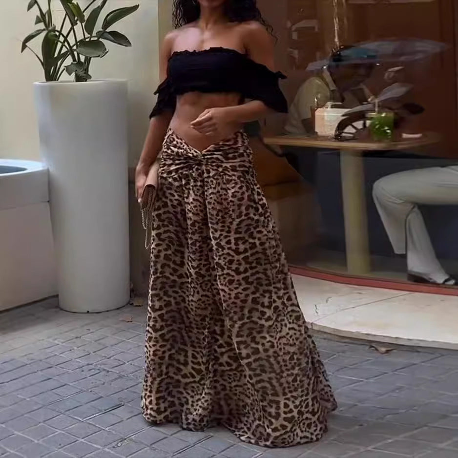 vmtvr clothes 2024 Summer Fashion Casual Short-Sleeved Pleated Top Leopard Skirt Two-Piece Set