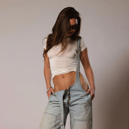 vmtvr summer outfits inspo Street Style Low Waist Suspender One-Piece Wide Leg Jeans Summer New Personalized Hot Girl Distressed Straight Trousers