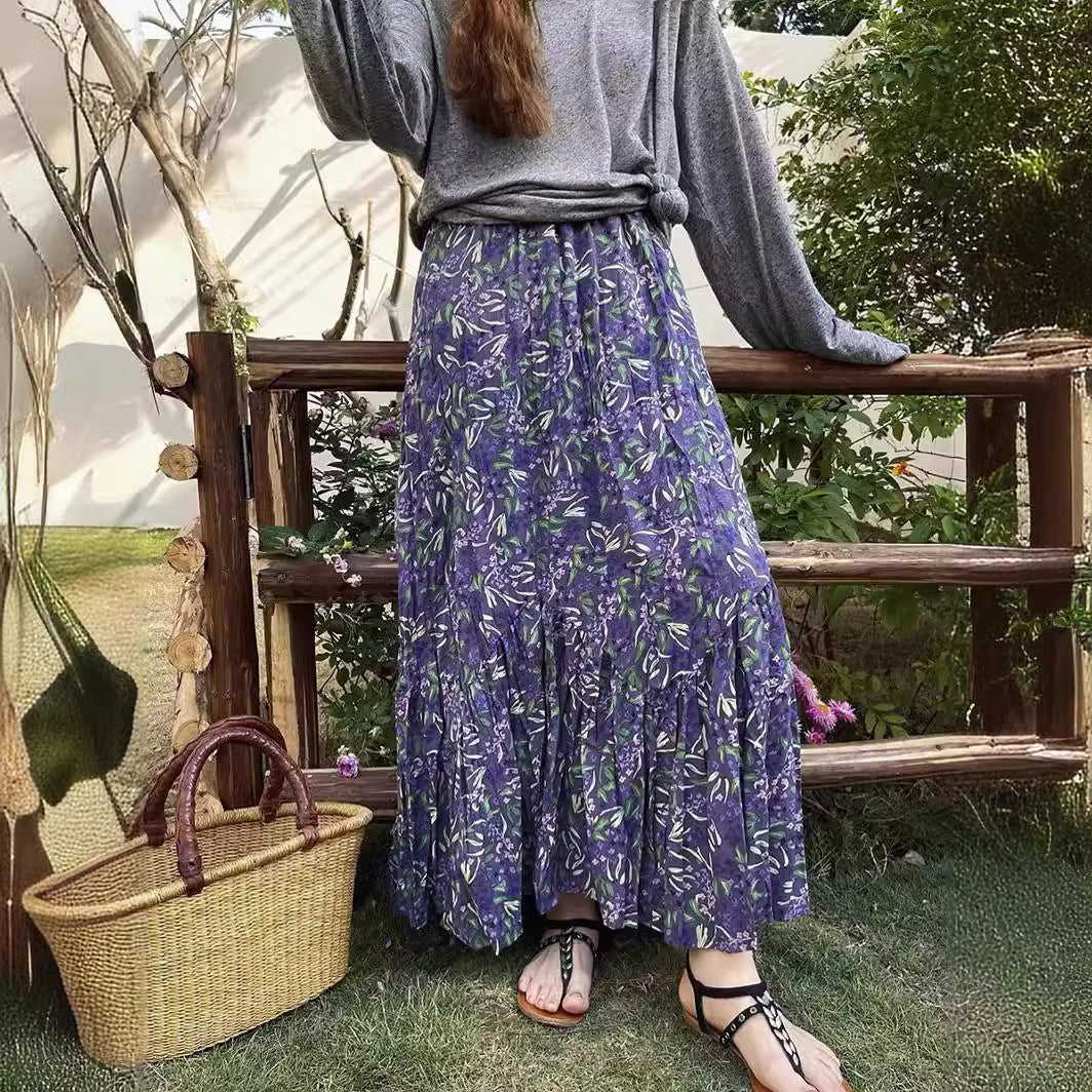 vmtvr teacher outfits Spring and Summer High Waist Large Swing Skirt Loose Slimming Retro A- line Skirt Floral Pleated Skirt