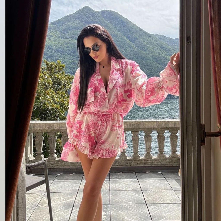 vmtvr 90s fashion Summer 2024 Suit Fashion Printed Bell Sleeve Shirt Top Shorts Ruffled Two-Piece Set