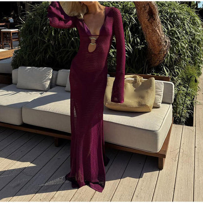 VMTVR 2025 V-neck hook and loop hollow split bohemian long dress popular  New horn sleeve women's beach dress