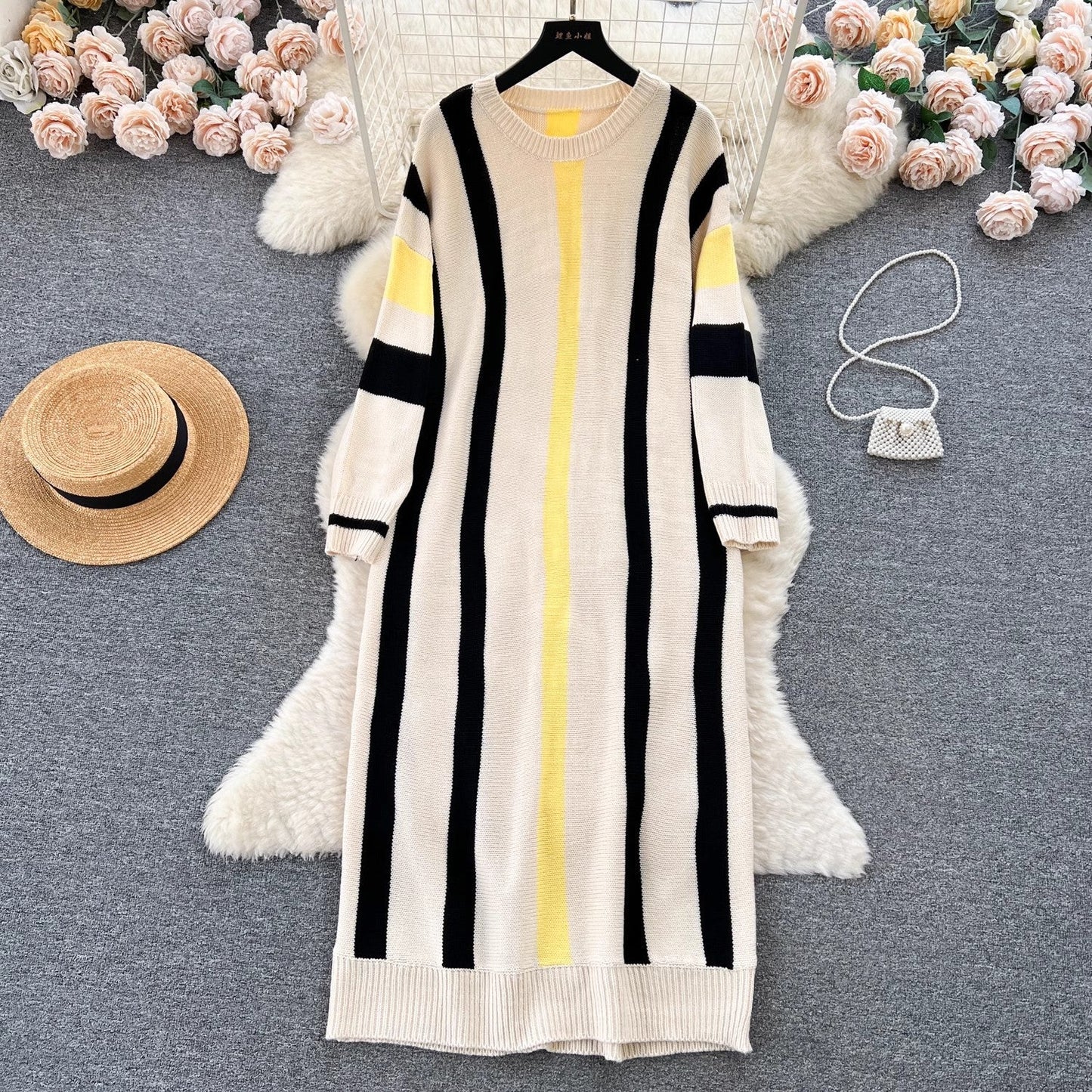 vmtvr business casual outfits Lazy Style Dress Women's Autumn and Winter Loose Casual Underwear Sweater Dress Slimming Temperament Striped Contrast Color Dress