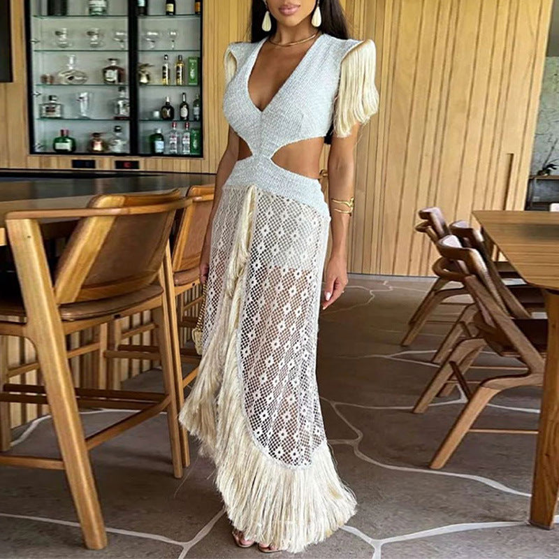 VMTVR 2025 popular spring and summer spot  New sexy backless irregular hollow v-neck fringed medium and long dress