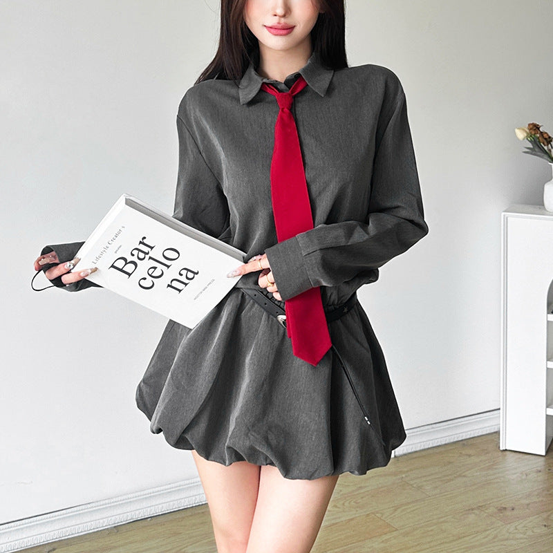 vmtvr group halloween costumes Style 2024 Autumn New Women's Clothing Solid Color Slim High Waist Street Fashion Lapel Long Sleeve Dress