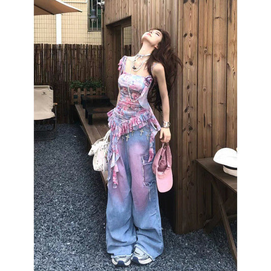 vmtvr 2000s fashion American Retro Rendering Workwear Jeans Women's Summer High Street High Waist Loose Slimming Wide Leg Mopping Pants