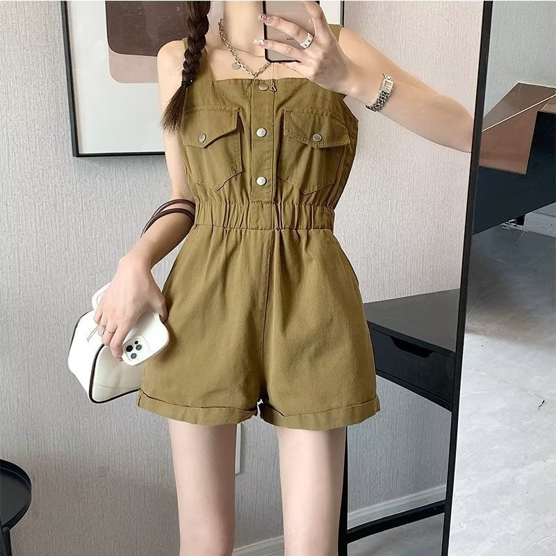 vmtvr going out outfits 2024 Summer New Workwear Suspender Jeans Women's Small Tight Waist Fashion Wide Leg Curling One-Piece Shorts