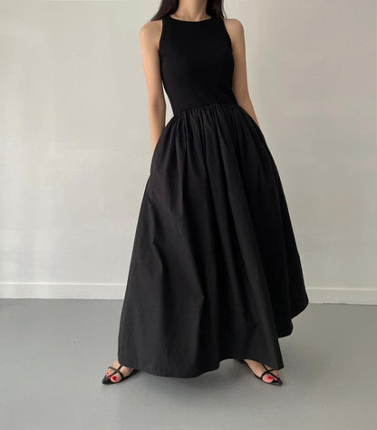 vmtvr - Elegant Round Neck Waist Slim Pleated Long Dress