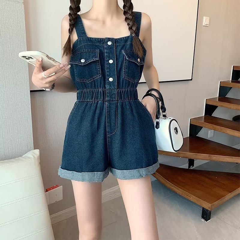 vmtvr going out outfits 2024 Summer New Workwear Suspender Jeans Women's Small Tight Waist Fashion Wide Leg Curling One-Piece Shorts