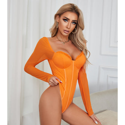 vmtvr 2000s fashion Summer New Ins Style Sexy Double-Layer Mesh Wooden Ear Slim Slimming Jumpsuit