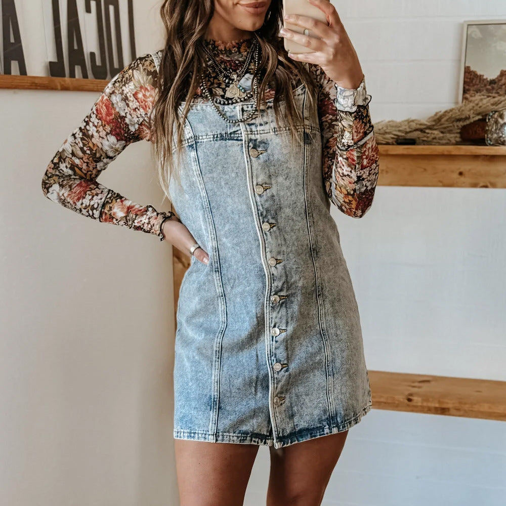 vmtvr dress to impress outfits 2024 Early Autumn Sling Distressed Casual Western Style Slim Fit Denim Dress