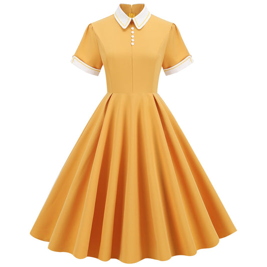 vmtvr harajuku dress to impress Original Hepburn Style Court Noble Temperament Trim Contrast Color Turtleneck Doll Collar Mid-Length Large Swing Retro Dress Women