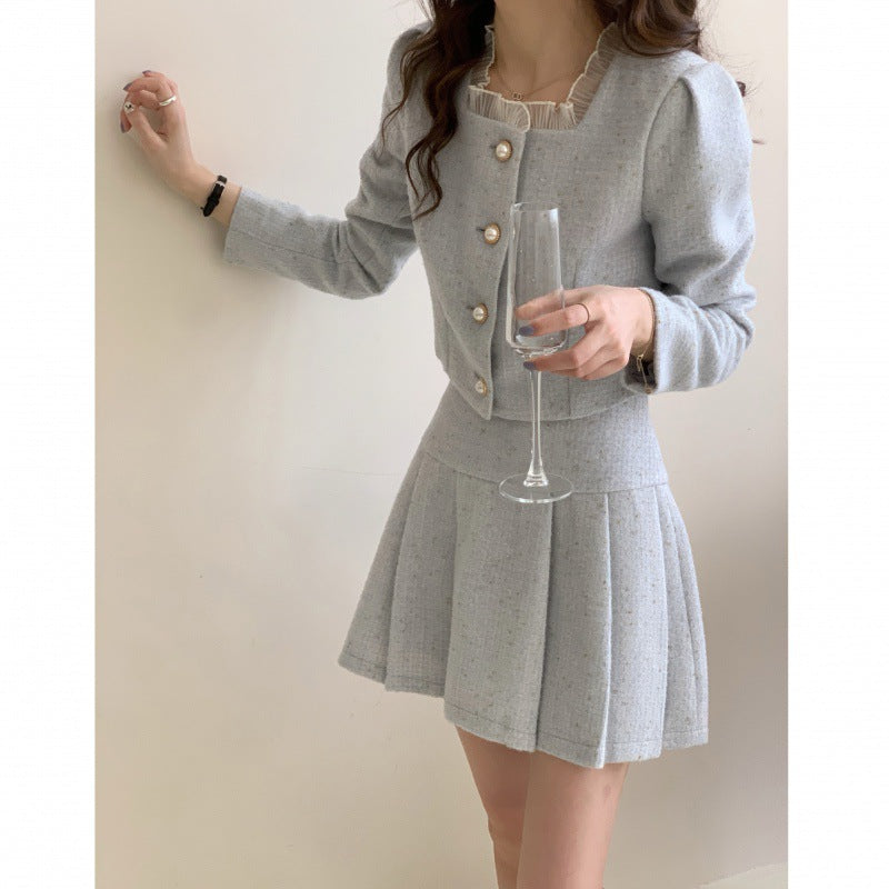 vmtvr k drama dress to impress Thick Suit Autumn and Winter Korean Style Small round Neck Short Coat High Waist Slimming Pleated Skirt Two-Piece Set