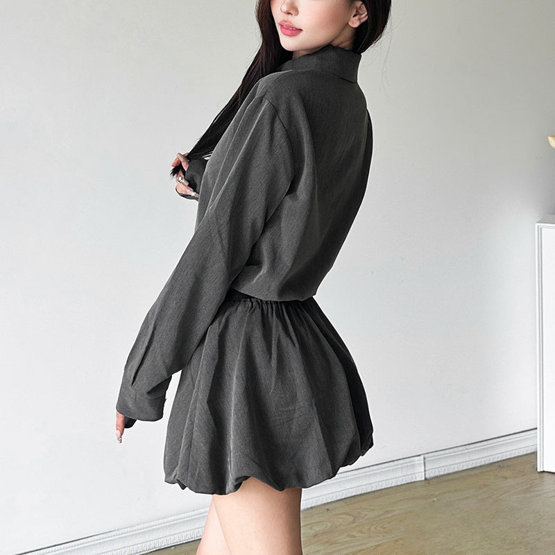 vmtvr group halloween costumes Style 2024 Autumn New Women's Clothing Solid Color Slim High Waist Street Fashion Lapel Long Sleeve Dress