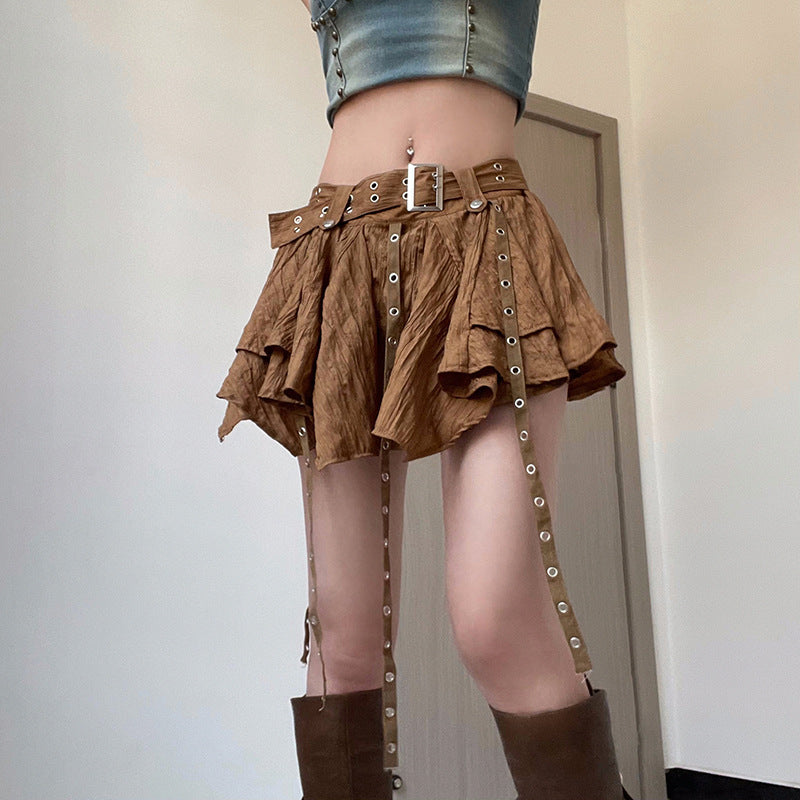 vmtvr 2000s fashion Retro Rock Irregular Hem Corns Ribbon High Waist Skirt Spring and Summer New Belt Solid Color Skirt