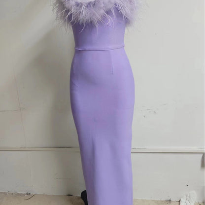 vmtvr classy demure mindful dress to impress Autumn New Sexy Tube Top Light Purple Feather Elegant Tight Slimming Long Bandage Dress