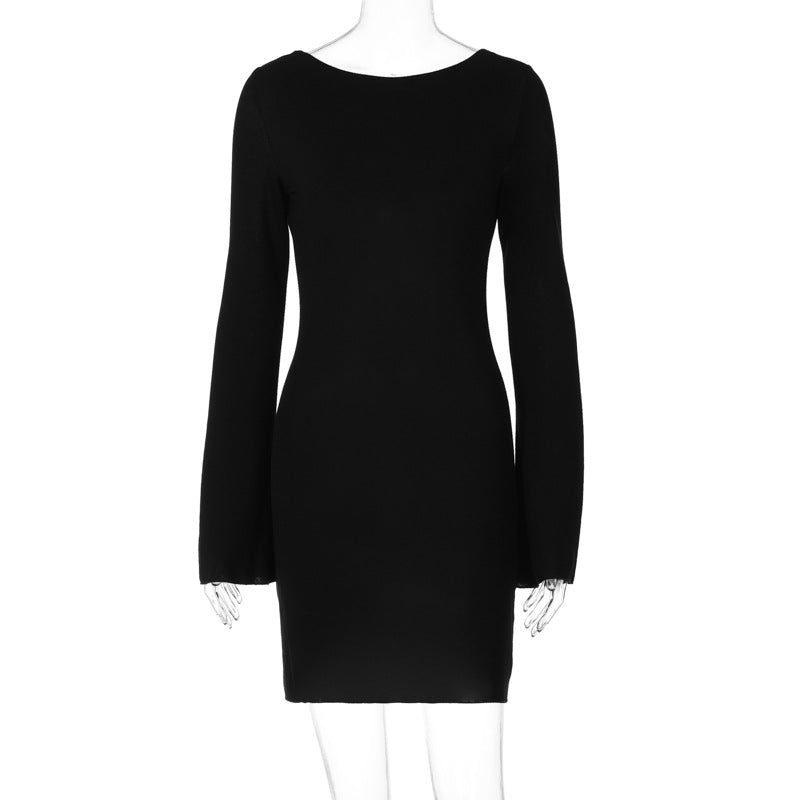 vmtvr fall outfits black women Style 2024 Spring New Solid Color Rib Long Sleeve Sexy Backless Slim Fit Dress Women