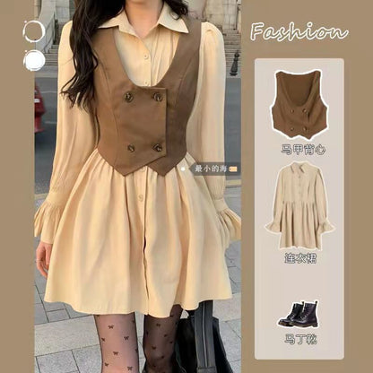 vmtvr mcbling dress to impress Gentle Style Long-Sleeved Shirt Dress Suit Women's Autumn Western Style Stacked Vest Waist-Tight Short Skirt