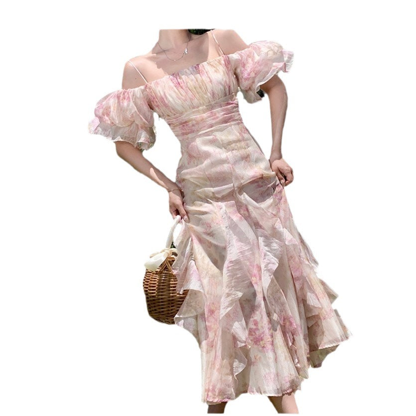 vmtvr church outfit Summer New Niche Design Long Dress off-Shoulder Puff Sleeve Sweet Fresh Chiffon Floral Strap Dress