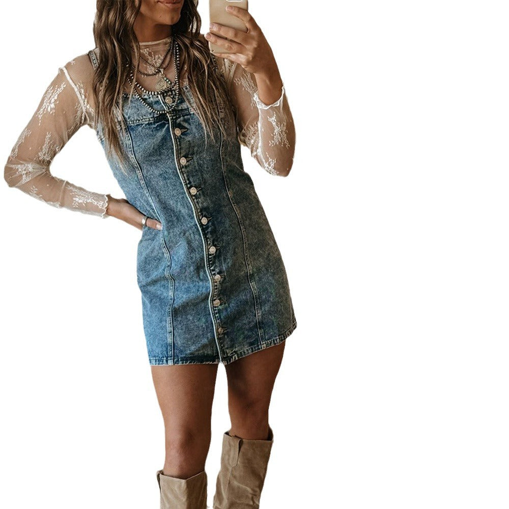 vmtvr dress to impress outfits 2024 Early Autumn Sling Distressed Casual Western Style Slim Fit Denim Dress