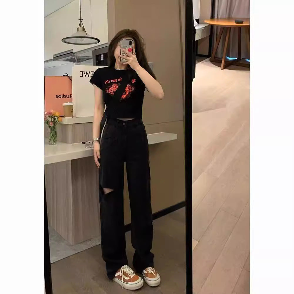 vmtvr joker costume female outfit Black Straight Ripped Jeans Women's High Waist Summer Loose Slimming Pear-Shaped Wide-Leg Pants