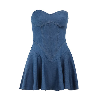 vmtvr 2000s fashion Summer New Elegant Sheath a Skirt Style Sexy Tube Top Imitation Denim Dress Women