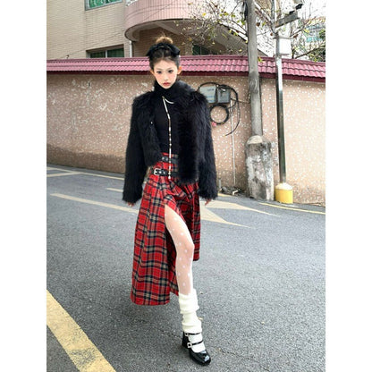 vmtvr 2000s fashion Retro Street Red Plaid Skirt Women's Spring and Summer New High Waist Straight Slimming Mid-Length Split Skirt Chic