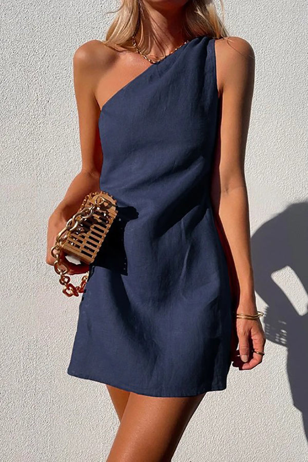 vmtvr Minimalism One Shoulder Linen Mini Dress