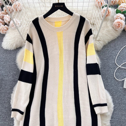 vmtvr business casual outfits Lazy Style Dress Women's Autumn and Winter Loose Casual Underwear Sweater Dress Slimming Temperament Striped Contrast Color Dress