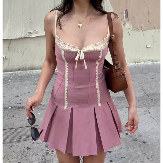 vmtvr dress to impress codes Summer New British-Style Blogger Lace-up Pleated Sling Dress H10-A3