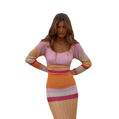 vmtvr 2024 fall fashion trends Long Contrast Color off-Shoulder Cut-out Beach Long Sleeve Knitted Striped Dress Women