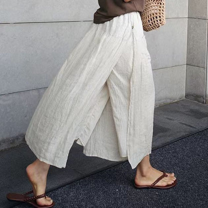 vmtvr 2000s fashion Linen Large Slit Culottes One-Piece Women's Spring and Summer Loose plus Size Casual Cropped Pants Fake Two-Piece Cotton Linen Wide-Leg Pants Skirt