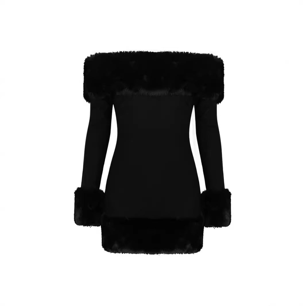 vmtvr main character dress to impress New Black Plush Long Sleeve off-Shoulder Dress Autumn and Winter Women's Fur Backless Hot Girl Hip Skirt