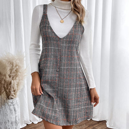 vmtvr fall outfits women Women's V-neck Plaid Strap Dress Spring and Autumn Winter Fashion Women's Clothing