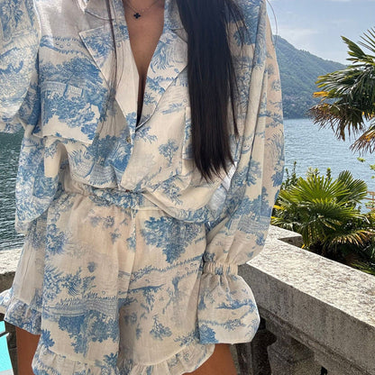 vmtvr 90s fashion Summer 2024 Suit Fashion Printed Bell Sleeve Shirt Top Shorts Ruffled Two-Piece Set