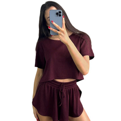 vmtvr summer fits Spring New Knitted round Neck Black Women's Home Wear Casual Short Sleeve Shorts Pajamas Two-Piece Set