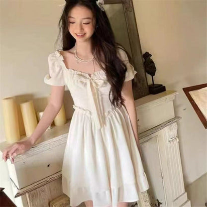 vmtvr summer dti Dress Summer Pure Desire Skirt New Square Collar Puff Sleeve Waist Slimming Super Fairy Sweet Solid Color Short Skirt for Women