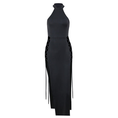 vmtvr cybergoth dress to impress Slim-Fit Slimming Hot Girl Hip Strap Dress Sexy Halter Hollow-out Double Slit Dress