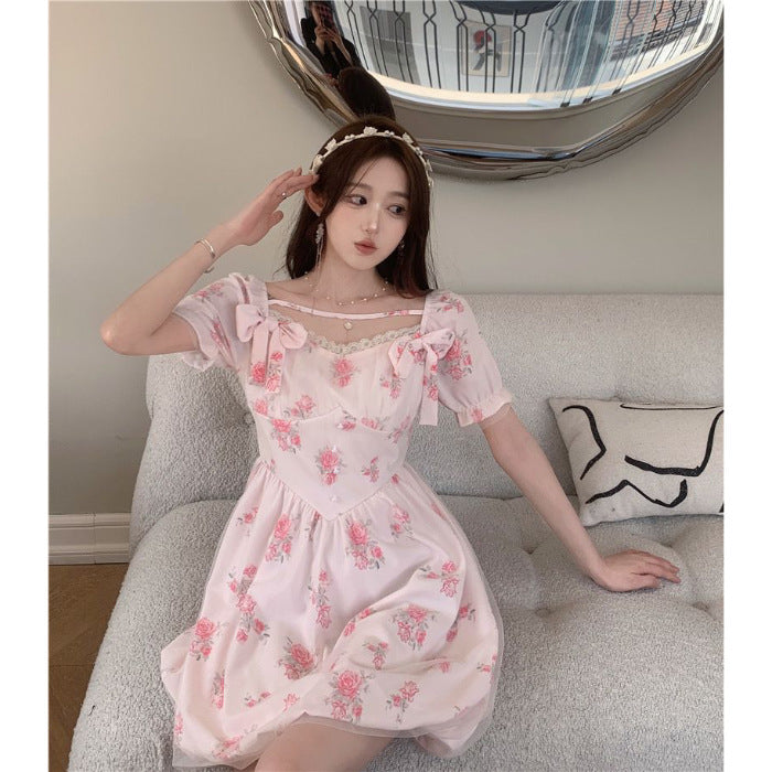 vmtvr outfit inspo Sweet Taro Cheese Pink Floral Skirt Sweet Bow Short Sleeve Dress Women's Spring and Summer New Fashion