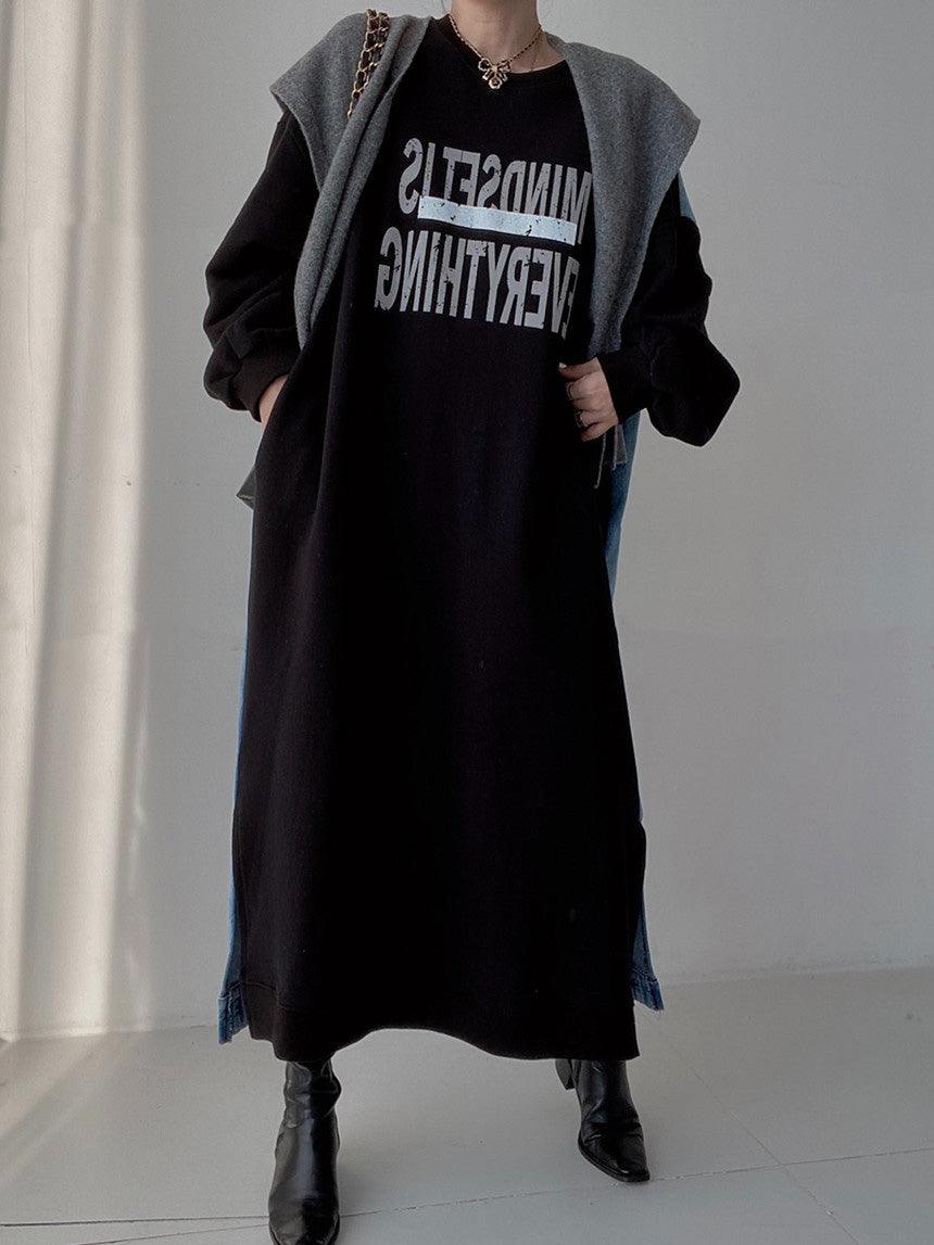 vmtvr - Simple Letter Print Denim Splt-joint Long Sleeve Sweatshirt Dress